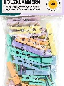 Sachet de 48 pinces à linge en bois nature/blanc/pastel