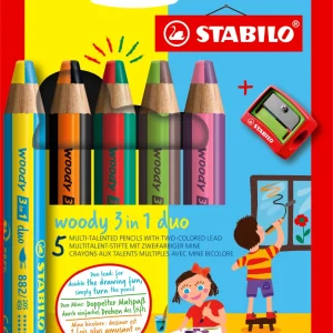 STABILO Woody 3 en 1-Etui 5 crayons assortis avec mine bicolore